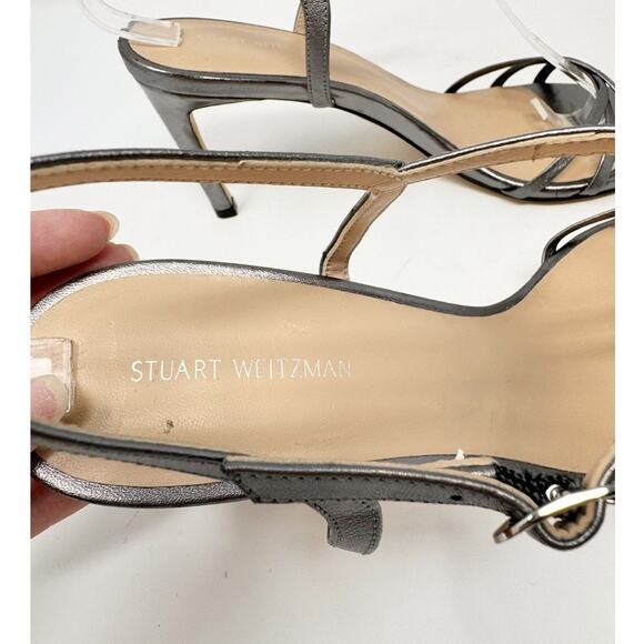 Stuart Weitzman Starla 80 Ankle Strap Leather Heel Gunmetal Gray Silver US 8 - Picture 4 of 12